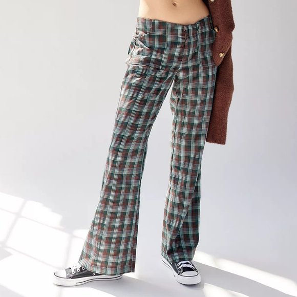 Urban Outfitters Jenny Low Rise Flare Pant; Viridian, Maroon, Sea Foam Plaid - Picture 3 of 6